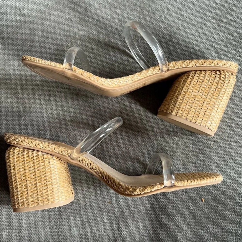 Dolce Vita Natie rattan straw block heel clear strap sandal tan size 7 - Picture 3 of 6